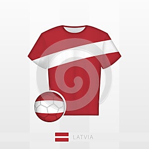 Football uniform of national team of Latvia with football ball with flag of Latvia. Soccer jersey and soccerball with flag