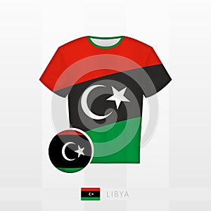 Football uniform of national team of Libya with football ball with flag of Libya. Soccer jersey and soccerball with flag