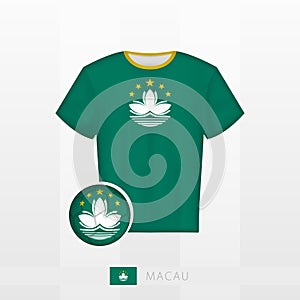 Football uniform of national team of Macau with football ball with flag of Macau. Soccer jersey and soccerball with flag