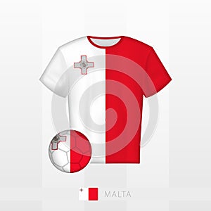 Football uniform of national team of Malta with football ball with flag of Malta. Soccer jersey and soccerball with flag