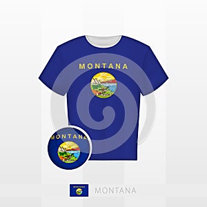 Football uniform of national team of Montana with football ball with flag of Montana. Soccer jersey and soccerball with flag