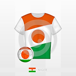 Football uniform of national team of Niger with football ball with flag of Niger. Soccer jersey and soccerball with flag