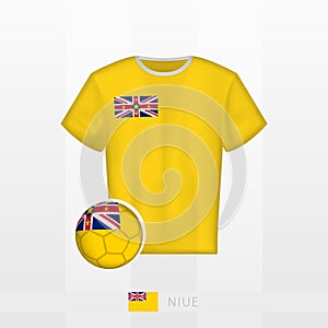 Football uniform of national team of Niue with football ball with flag of Niue. Soccer jersey and soccerball with flag
