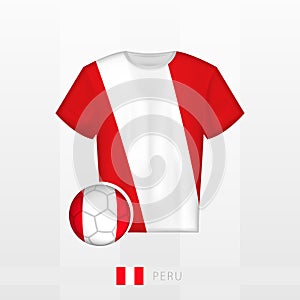 Football uniform of national team of Peru with football ball with flag of Peru. Soccer jersey and soccerball with flag