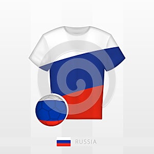 Football uniform of national team of Russia with football ball with flag of Russia. Soccer jersey and soccerball with flag