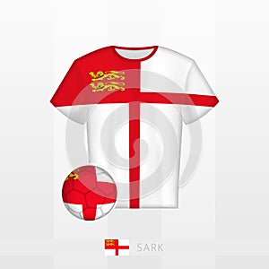 Football uniform of national team of Sark with football ball with flag of Sark. Soccer jersey and soccerball with flag