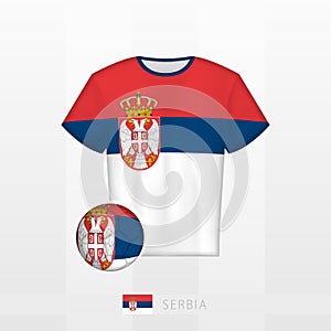 Football uniform of national team of Serbia with football ball with flag of Serbia. Soccer jersey and soccerball with flag