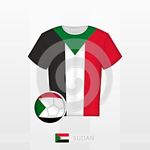 Football uniform of national team of Sudan with football ball with flag of Sudan. Soccer jersey and soccerball with flag