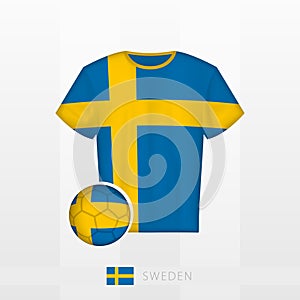 Football uniform of national team of Sweden with football ball with flag of Sweden. Soccer jersey and soccerball with flag