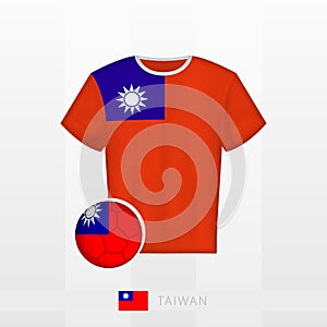 Football uniform of national team of Taiwan with football ball with flag of Taiwan. Soccer jersey and soccerball with flag