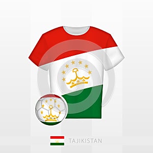 Football uniform of national team of Tajikistan with football ball with flag of Tajikistan. Soccer jersey and soccerball with flag