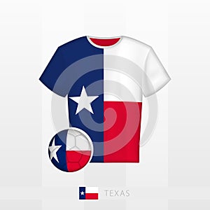 Football uniform of national team of Texas with football ball with flag of Texas. Soccer jersey and soccerball with flag