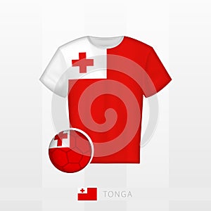 Football uniform of national team of Tonga with football ball with flag of Tonga. Soccer jersey and soccerball with flag