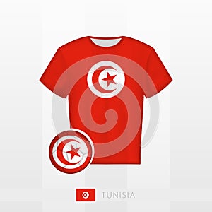 Football uniform of national team of Tunisia with football ball with flag of Tunisia. Soccer jersey and soccerball with flag