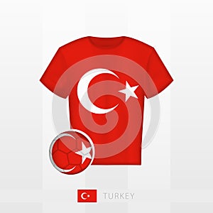 Football uniform of national team of Turkey with football ball with flag of Turkey. Soccer jersey and soccerball with flag