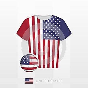 Football uniform of national team of USA with football ball with flag of USA. Soccer jersey and soccerball with flag