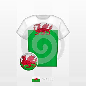 Football uniform of national team of Wales with football ball with flag of Wales. Soccer jersey and soccerball with flag