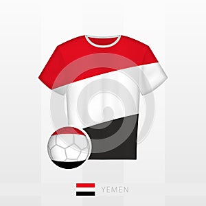 Football uniform of national team of Yemen with football ball with flag of Yemen. Soccer jersey and soccerball with flag