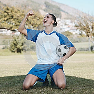 Football, winner and man excited on field for goal, success and sports achievement. Soccer, champion and happy athlete