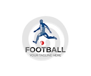 Footballer with the ball logo template. Soccer vector design