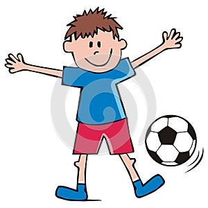 Footballer, boy and soccer ball, funny vector icon