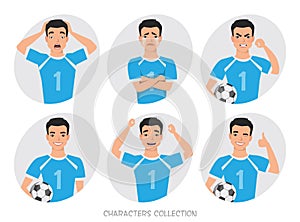 Footballer character constructor. asian soccer player different postures, emotions set