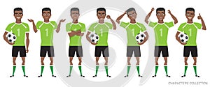 Footballer character constructor. black african american soccer player different postures, emotions set