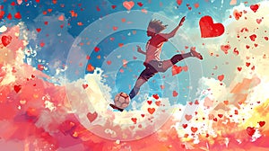 a footballer feeds a ball into the sky of love and hearts, for Valentine\'s Day.