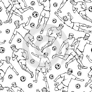Footballer goalkeeper with ball sketch seamless pattern. Soccers motion sports uniform different poses. Vector black and
