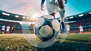 Footballer precise control over the ball of the game at stadium, Generative AI