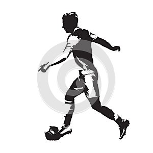 Footballer running with ball. Soccer player abstract isolated vector silhouette. Abstract european football athlete