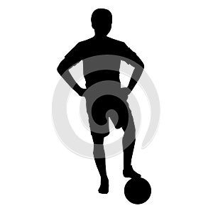 Footballer silhouette. Black football player outline with a ball, isolated on white background