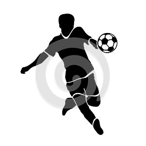 Footballer silhouette. Black football player outline with a ball, running and scoring goal, isolated on white background