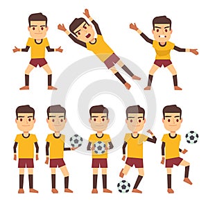 Footballer, soccer player, goalkeeper in different gaming poses set of vector flat characters