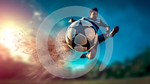 The footballer strikes the ball with sheer power towards the goal. Generative AI