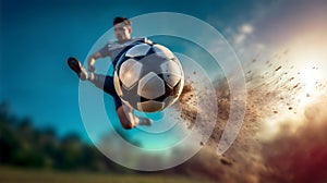 The footballer strikes the ball with sheer power towards the goal. Generative AI