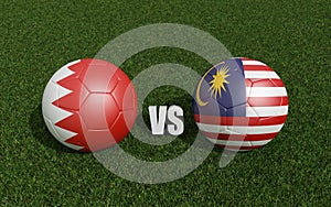 Footballs in flags colors on grass. Bahrain with Malaysia . 2023 asian cup tournament. 3d