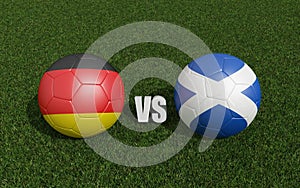 Footballs in flags colors on grass. Germany with Scotland. 2024 euro cup tournament. 3d