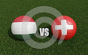 Footballs in flags colors on grass. Hungary with Switzerland. 2024 euro cup tournament. 3d