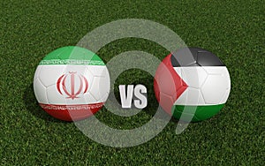 Footballs in flags colors on grass. Iran with Palestine. 2023 asian cup tournament. 3d