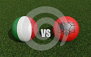 Footballs in flags colors on grass. Italy with Albania. 2024 euro cup tournament. 3d