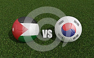 Footballs in flags colors on grass. Jordan with South korea. 2023 asian cup tournament. 3d