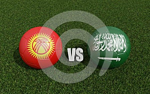 Footballs in flags colors on grass. Kyrgyzstan with Saudi arabia. 2023 asian cup tournament. 3d