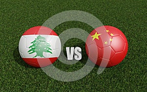 Footballs in flags colors on grass. Lebanon with China. 2023 asian cup tournament. 3d