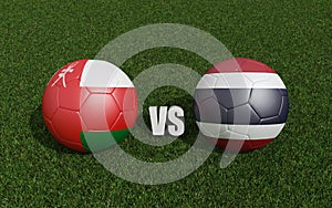 Footballs in flags colors on grass. Oman with Thailand. 2023 asian cup tournament. 3d