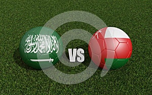 Footballs in flags colors on grass. Saudi arabia with Oman. 2023 asian cup tournament. 3d