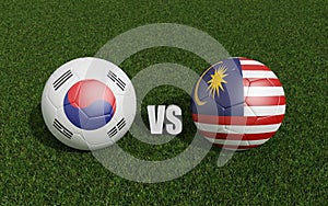 Footballs in flags colors on grass.South korea with Malaysia. 2023 asian cup tournament. 3d