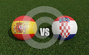 Footballs in flags colors on grass. Spain with Croatia. 2024 euro cup tournament. 3d