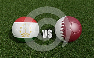 Footballs in flags colors on grass. Tajikistan with Qatar . 2023 asian cup tournament. 3d