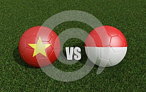Footballs in flags colors on grass. Vietnam with Indonesia. 2023 asian cup tournament. 3d